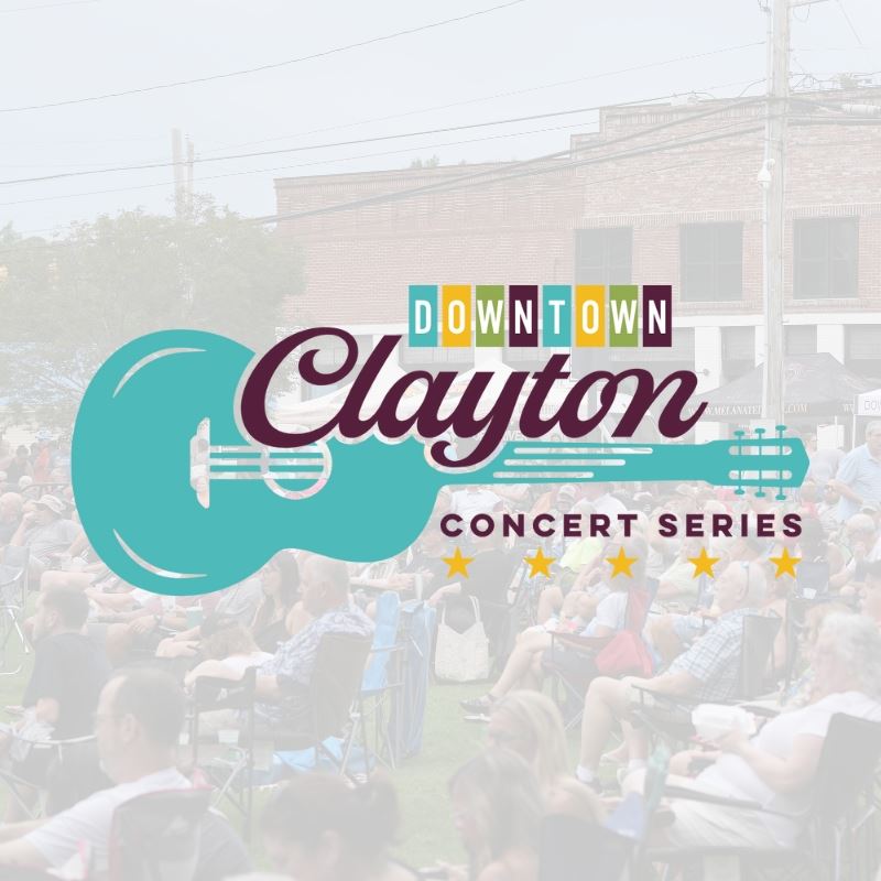 Downtown Clayton Concert Series Logo Overlaying Crowd from Concert