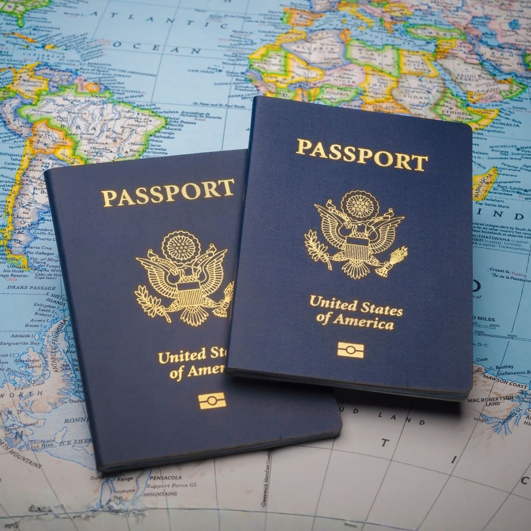 Passports laying on map