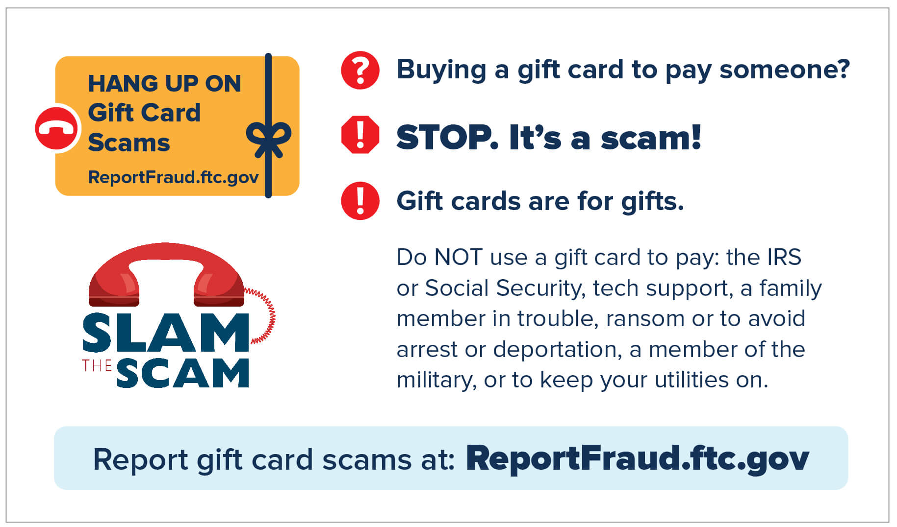 Infographic talking about not buying gift cards to pay for a request such as IRS or Social Security.
