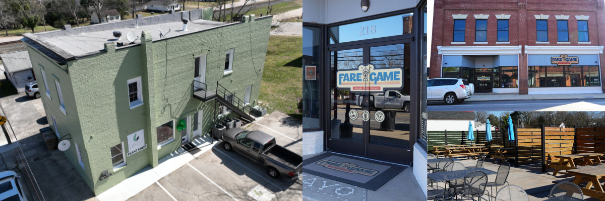 Leaf Plant Shop and Fare Game in downtown Clayton showing building facades and outdoor seating