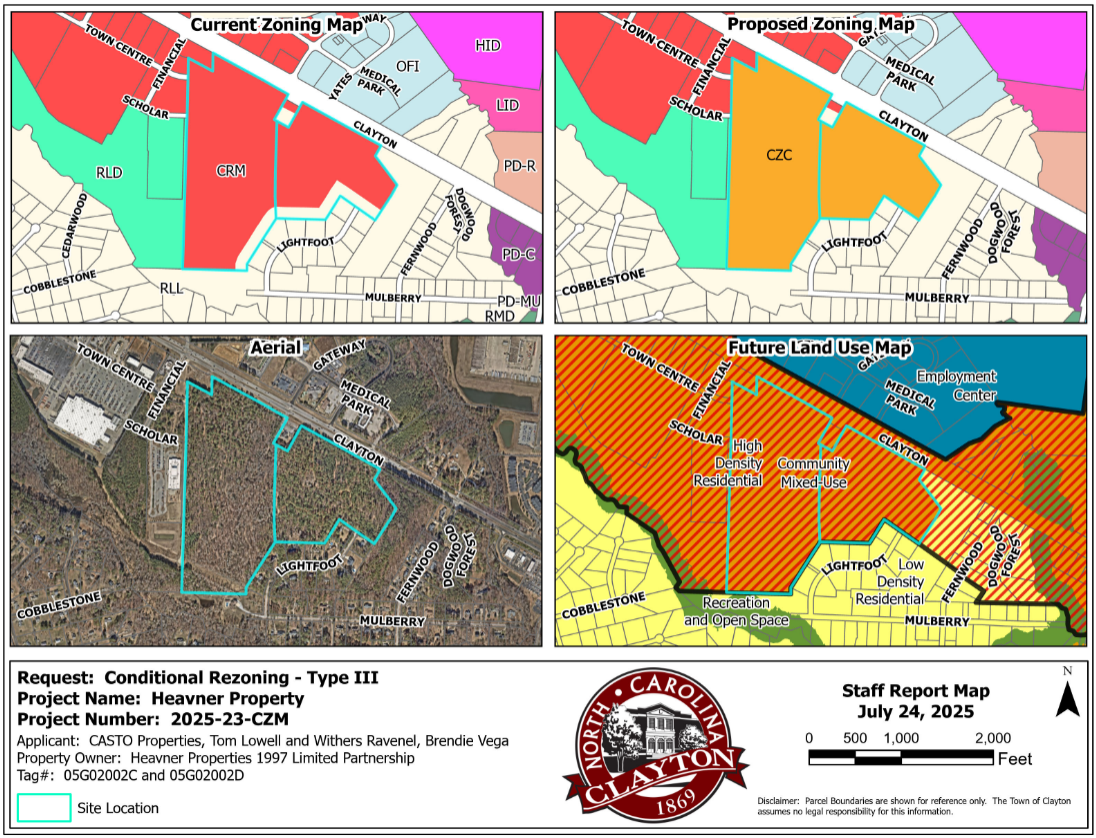 Four maps labeled Current Zoning Map, Proposed Zoning Map, Aerial, and Future Land Use Map 