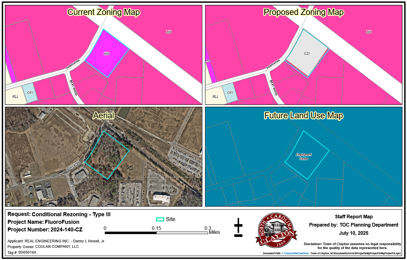 Four maps labeled Current Zoning Map, Proposed Zoning Map, Aerial, and Future Land Use Map