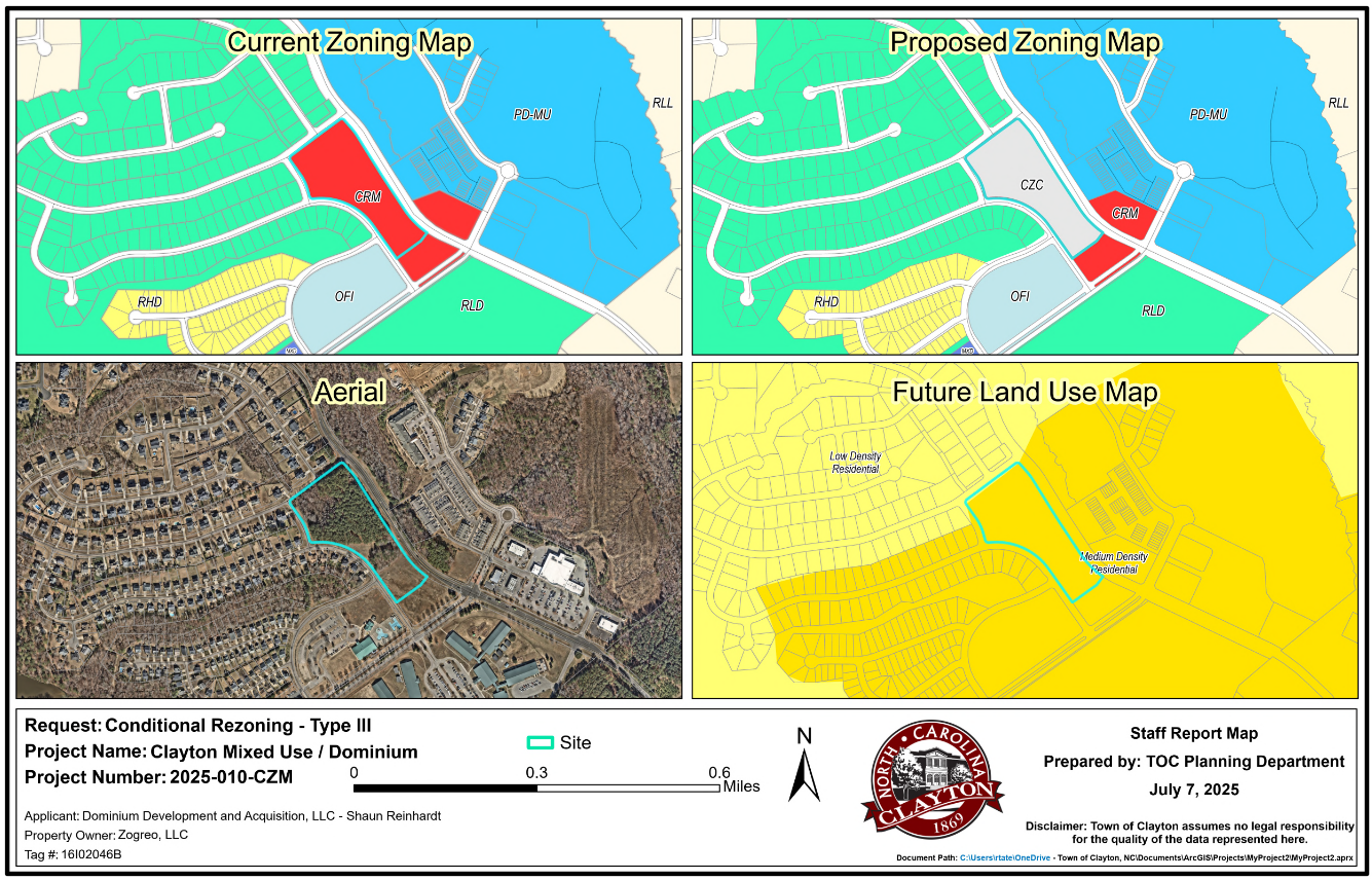 Four maps labeled Current Zoning Map, Proposed Zoning Map, Aerial, and Future Land Use Map