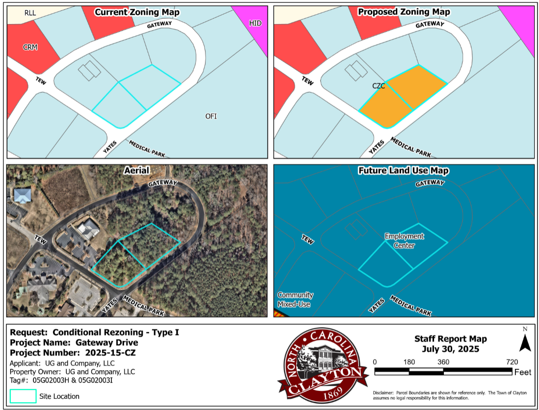 Four maps labeled Current Zoning Map, Proposed Zoning Map, Aerial, and Future Land Use Map
