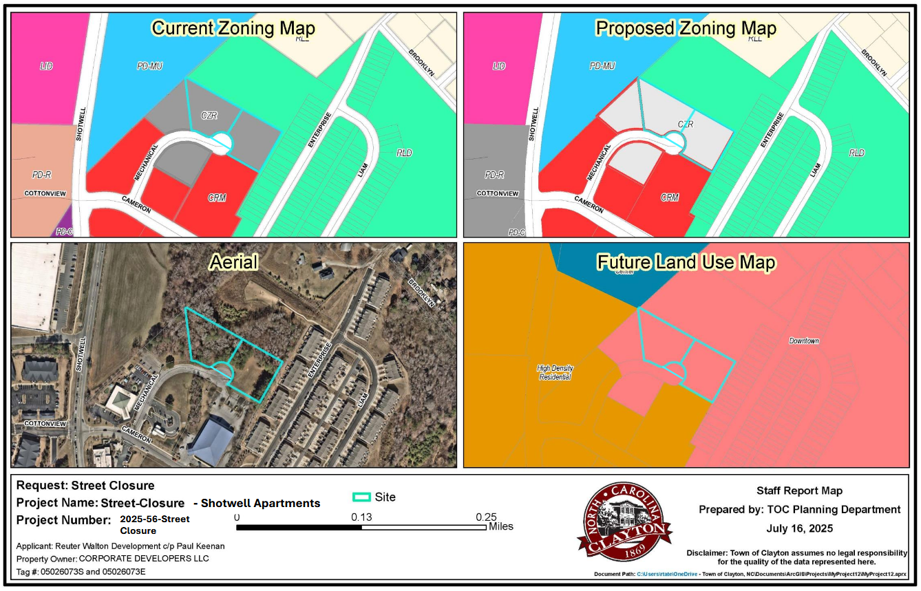 Four maps labeled Current Zoning Map, Proposed Zoning Map, Aerial, and Future Land Use Map