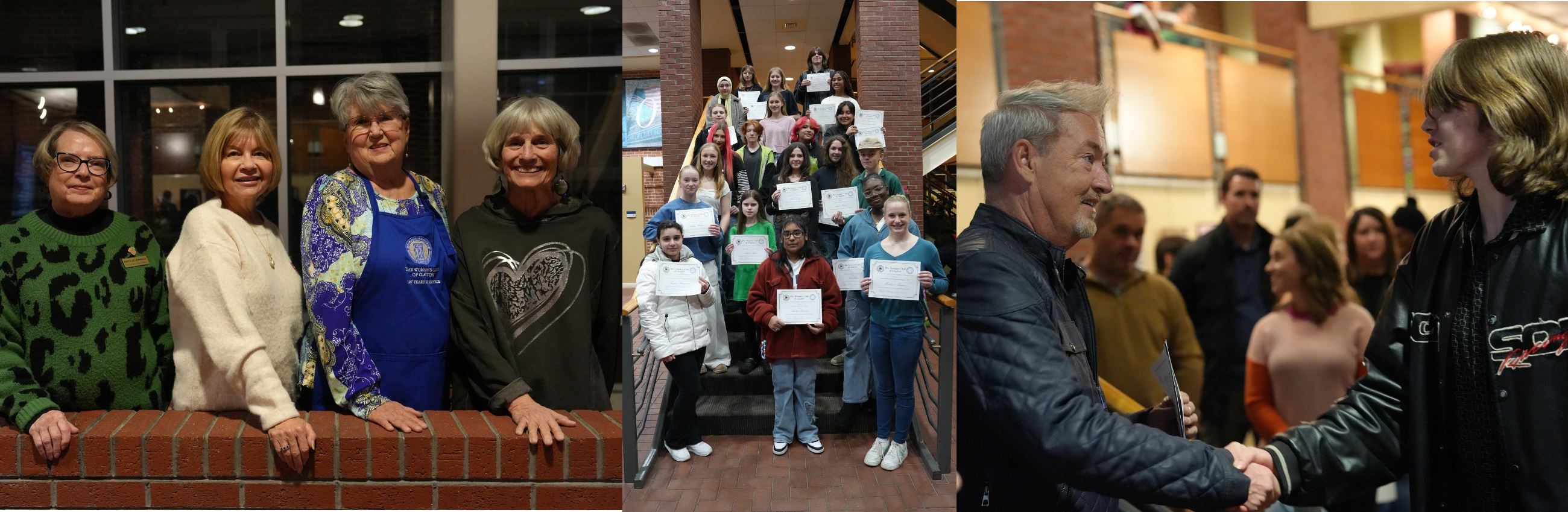 Collage from Student Art Exhibit with women's group members, student winners, mayor with student