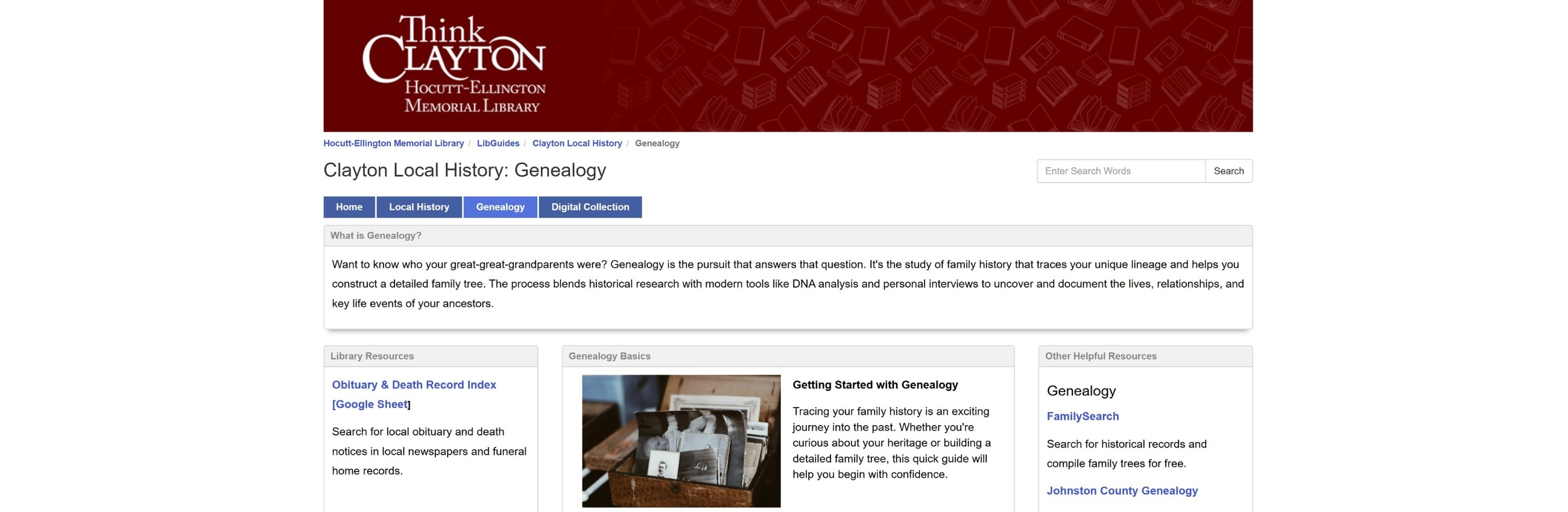 Screen capture of Library's Genealogy webpage